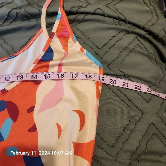 Orange, blue, yellow, and pink jumpsuit. Spaghetti straps. Size Large. - Picture 7 of 8